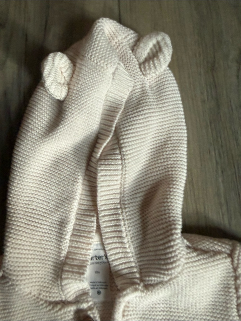 Carter’s Cream Knit Baby Hooded Button Romper with Ear Detail Size 12 months - Picture 7 of 7